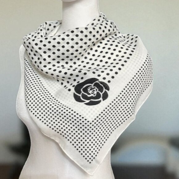Elegant Women's White Scarf with Black Polka Dots and Floral Print - Picture 6 of 7